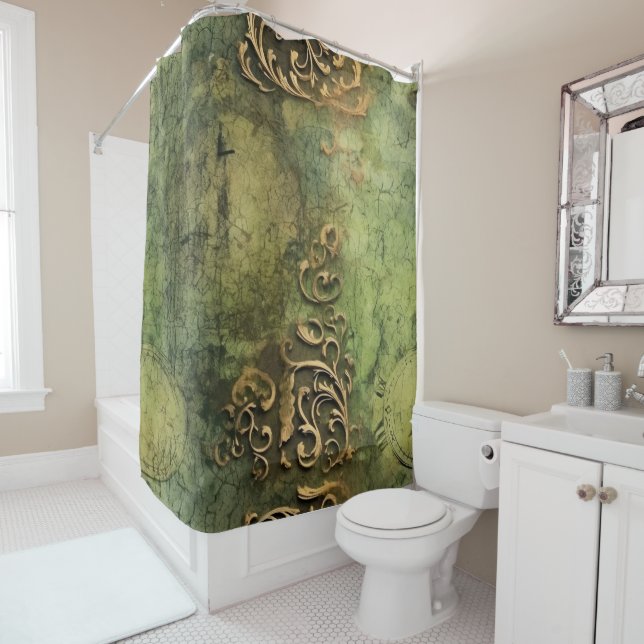 Rideaux De Douche Émeraude Green Rustic Steampunk Horloge (11) (En situation)