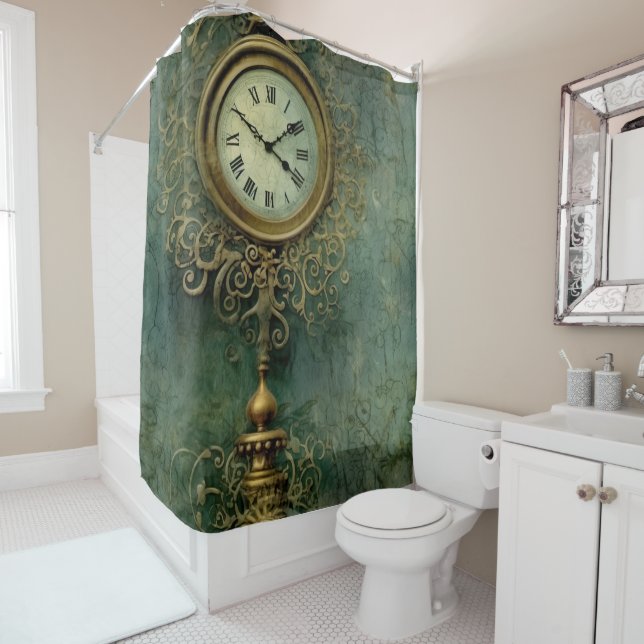 Rideaux De Douche Émeraude Green Rustic Steampunk Horloge (2) (En situation)