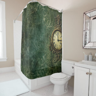 Rideaux De Douche Émeraude Green Rustic Steampunk Horloge (3)