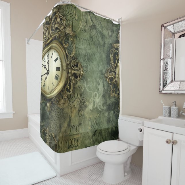 Rideaux De Douche Émeraude Green Rustic Steampunk Horloge (4) (En situation)