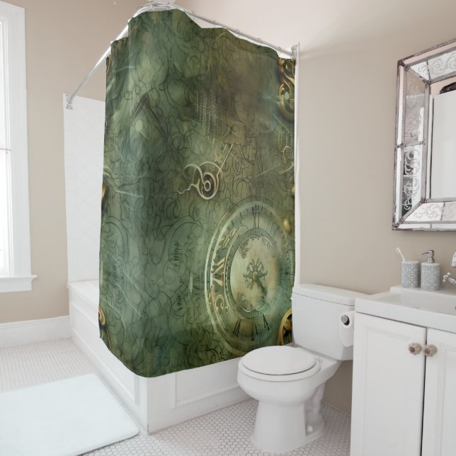 Rideaux De Douche Émeraude Green Rustic Steampunk Horloge (5) (En situation)