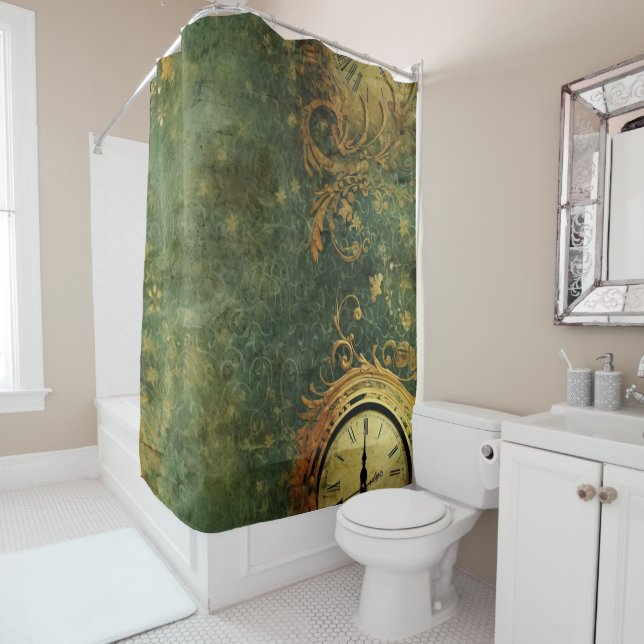 Rideaux De Douche Émeraude Green Rustic Steampunk Horloge (6) (En situation)