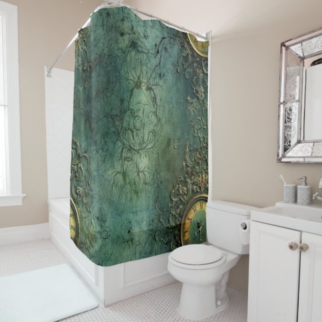 Rideaux De Douche Émeraude Green Rustic Steampunk Horloge (8) (En situation)