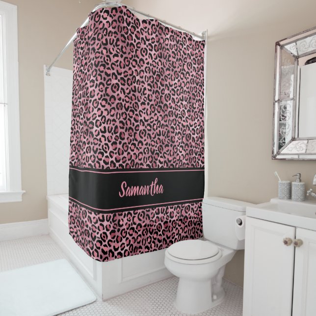 Rideaux De Douche Empreinte de léopard noir chic personnalisé (En situation)