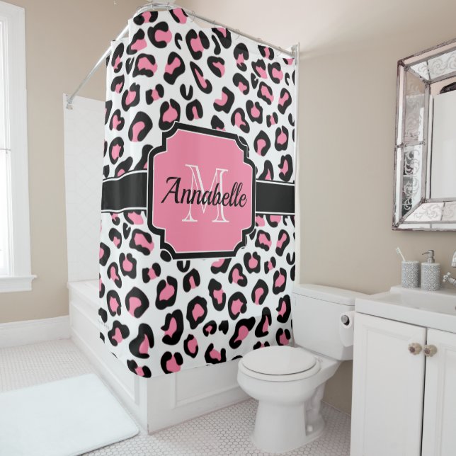 Rideaux De Douche Empreinte de léopard rose (En situation)