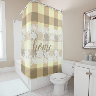 Rideaux De Douche en vichy beige motif blanc dentelle