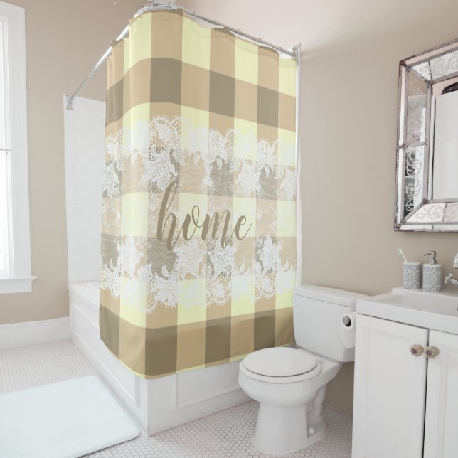 Rideaux De Douche en vichy beige motif blanc dentelle (En situation)