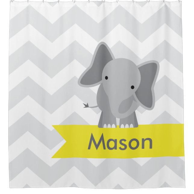 Rideaux De Douche Enfants jaunes gris d'éléphant de Chevron (Devant)