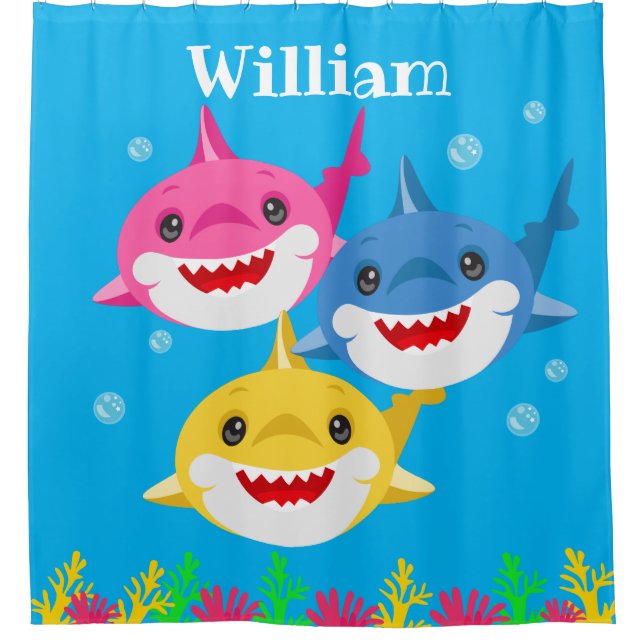 Rideaux De Douche Enfants requin jaune et famille personnalisée (Devant)