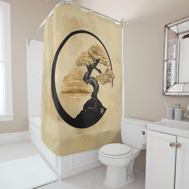 Rideaux De Douche Enso Zen Circle Bonsai - Golden Sunrise (En situation)