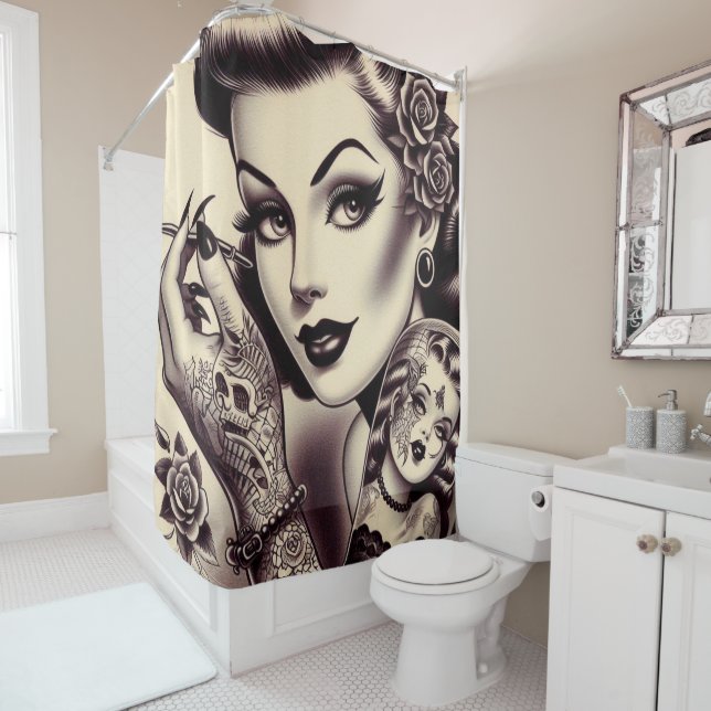 Rideaux De Douche Épingle à tatouage rétro vers le haut (En situation)