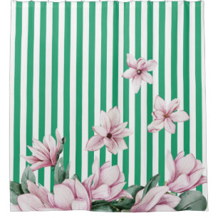 Rideaux De Douche Été, printemps, imprimé magnolia rayé vert