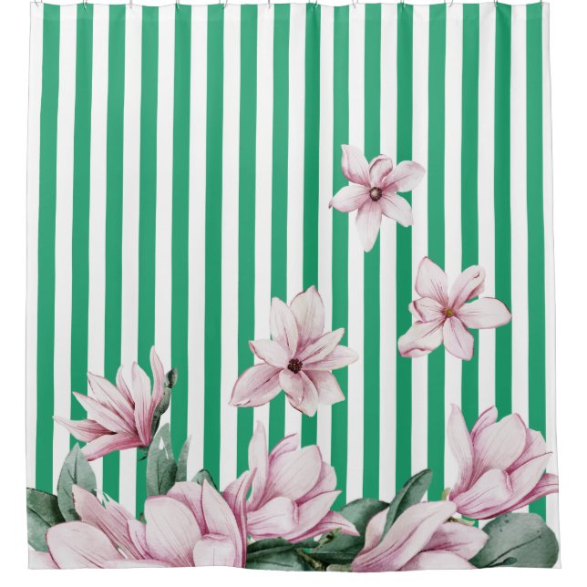 Rideaux De Douche Été, printemps, imprimé magnolia rayé vert (Devant)