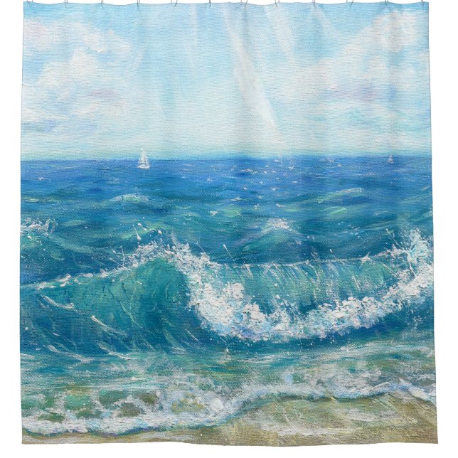 Rideaux De Douche Eté, vagues bleues, peinture acrylique. (Devant)