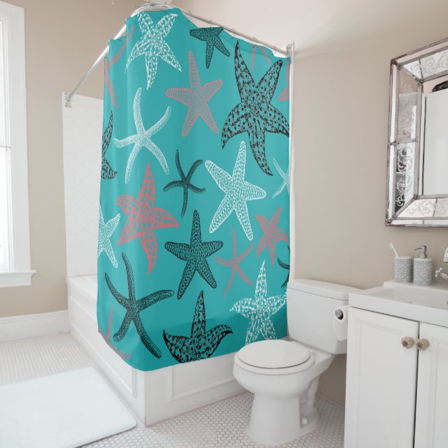 Rideaux De Douche Étoiles de mer en mer de turquoise (En situation)