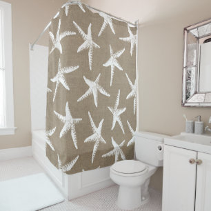 Rideaux De Douche Étoiles de mer et toile de jute blanches côtières