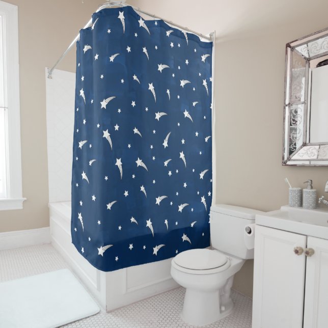 Rideaux De Douche Etoiles de tir Aquarelle bleu marine (En situation)