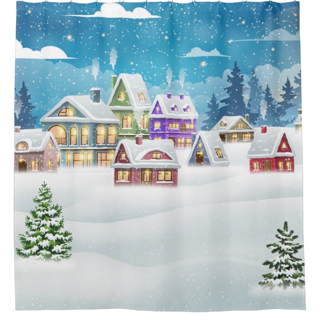 Rideaux De Douche Evening winter village landscape with snow covered (Devant)