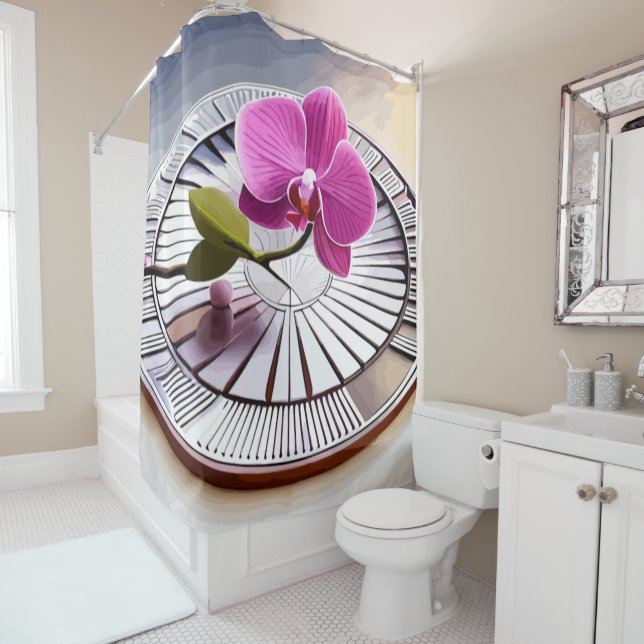 Rideaux De Douche Exquise orchidée rose repose sur une plaque d'arge (En situation)