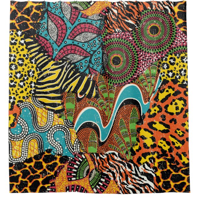 Rideaux De Douche Fabric africain : Patchwork d'animaux sauvages. (Devant)