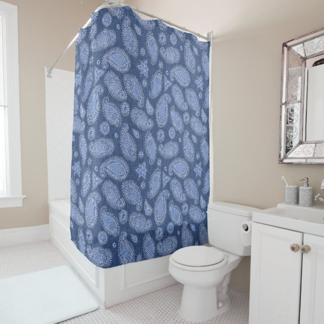Rideaux De Douche Faded Blue Denim Paisley (En situation)