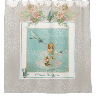 Rideaux De Douche Fairy Teacups w Oiseaux n Dragonflies Lace Damask