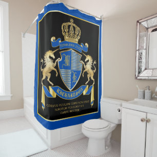 Rideaux De Douche Faites votre propre blason Unicorn Emblem Bleu