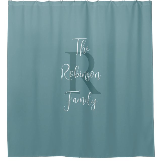 Rideaux De Douche Famille Monogrammée Nom Blanc Bleu Poudre  (Devant)