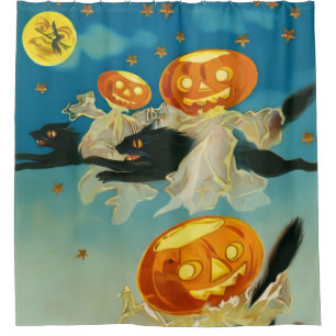 Rideaux De Douche Fantômes Citrouilles vintages d'Halloween et chats