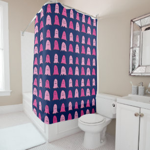 Rideaux De Douche Fantômes d'Halloween rose sur bleu foncé