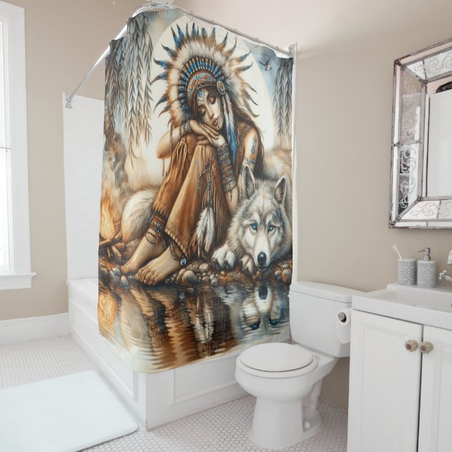 Rideaux De Douche Femme amérindienne et loup par l'eau sereine (En situation)