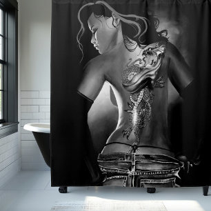 Rideaux De Douche Femme au dragon tatoué noir et blanc edgy