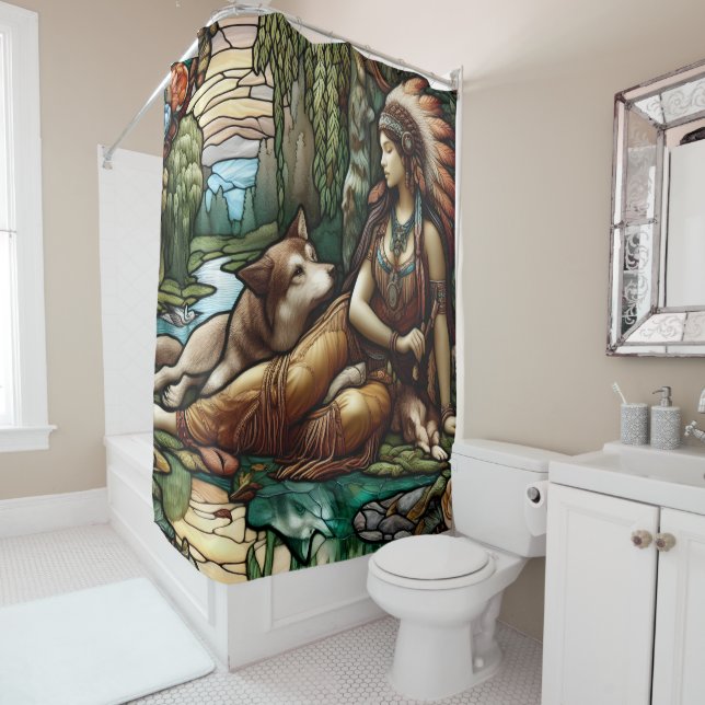 Rideaux De Douche Femme autochtone avec compagnon de loup loyal (En situation)