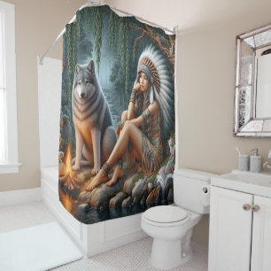 Rideaux De Douche Femme autochtone et loup par le ruisseau