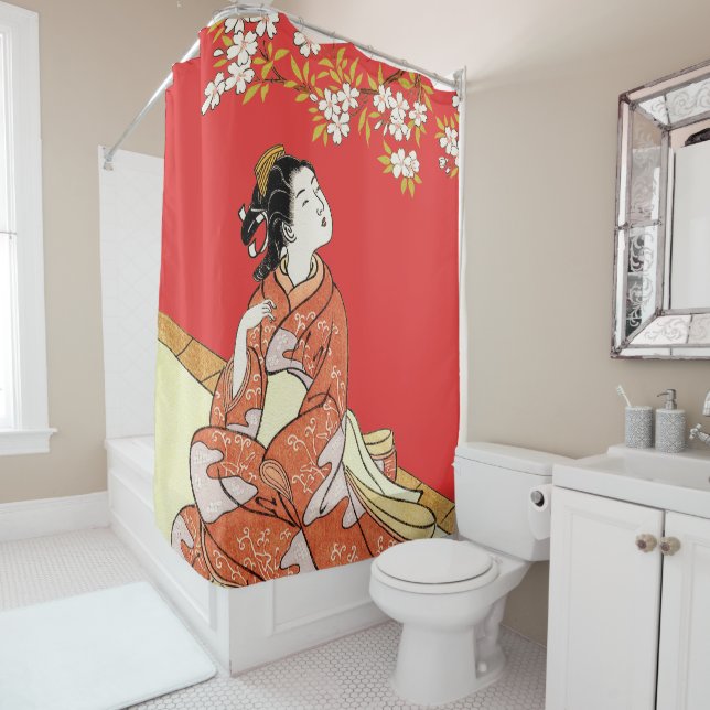 Rideaux De Douche Femme en fleurs de cerisiers (En situation)