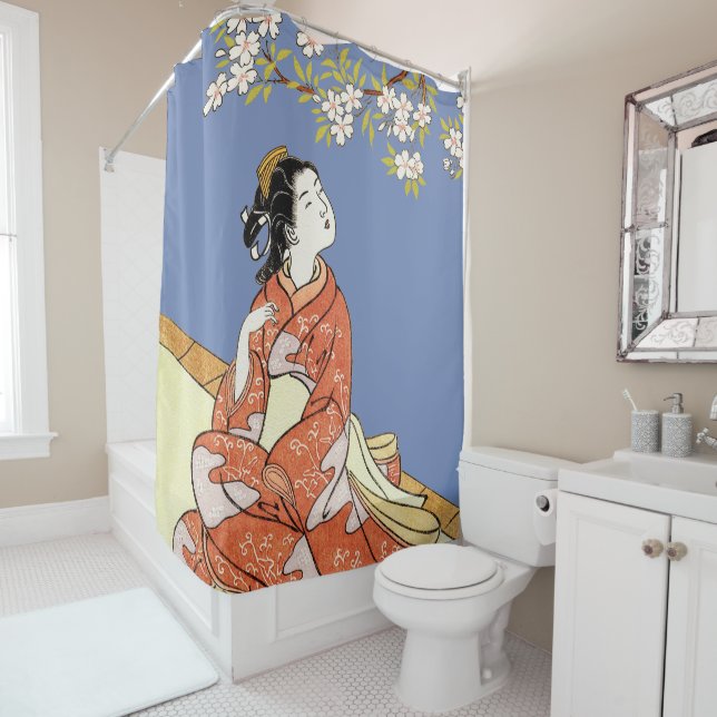 Rideaux De Douche Femme en fleurs de cerisiers (En situation)