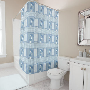 Rideaux De Douche Femme enceinte blanche bleue avec parapluie