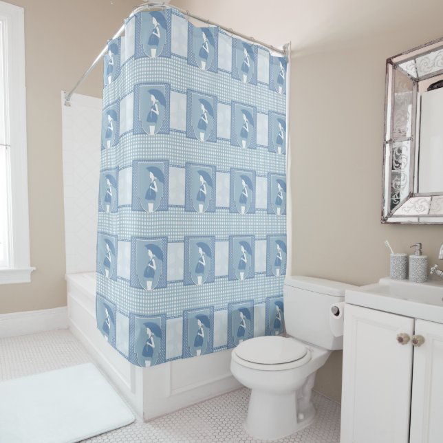 Rideaux De Douche Femme enceinte blanche bleue avec parapluie (En situation)