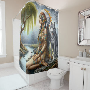 Rideaux De Douche Femme indienne calme avec loup par rivière