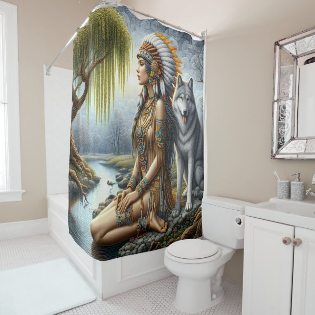 Rideaux De Douche Femme indienne calme avec loup par rivière (En situation)