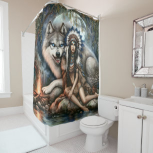 Rideaux De Douche Femme indienne et loup dans la forêt