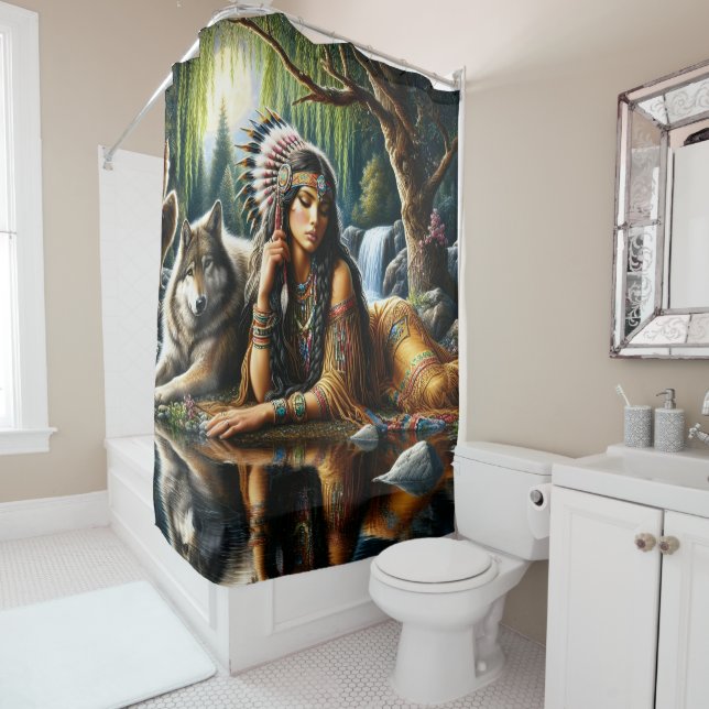 Rideaux De Douche Femme indienne fascinante avec un loup loyal (En situation)