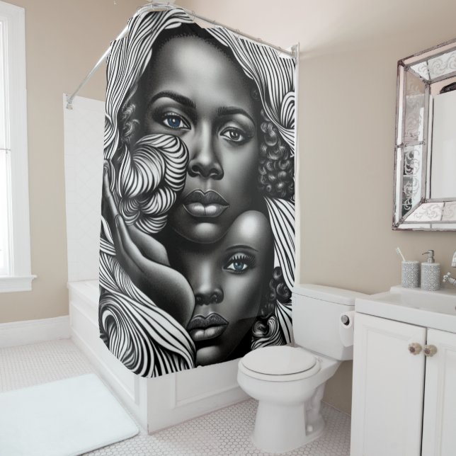 Rideaux De Douche Femmes afro-américaines Abstraites noires et blanc (En situation)