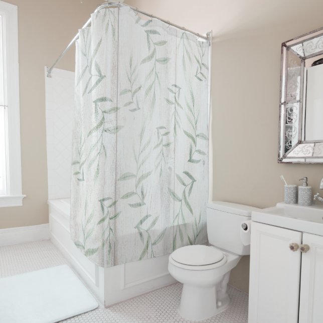 Rideaux De Douche Ferme Botanique Blanc Bois Rustique Feuille (En situation)
