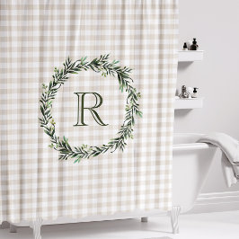 Rideaux De Douche Ferme Buffalo Beige Plaid Wreath Monogramme