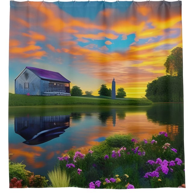 Rideaux De Douche Ferme Purple Roof Pond à Sunrise (Devant)