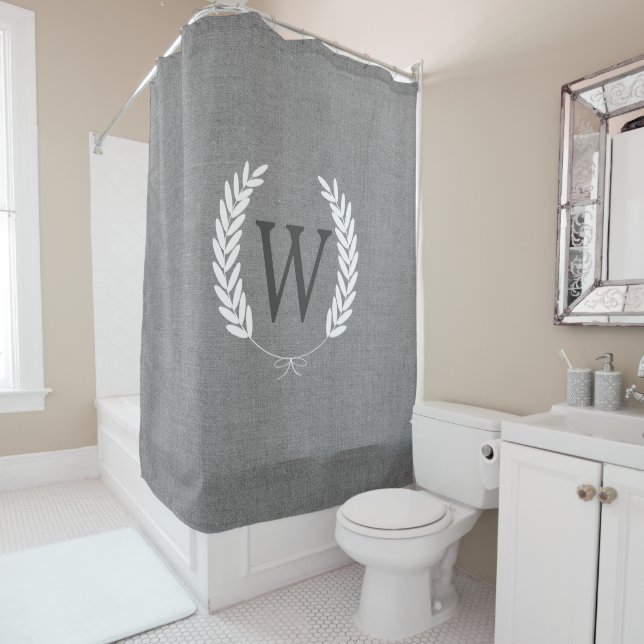 Rideaux De Douche Ferme Rustic Faux Grey Burlap Laurels Monogramme (En situation)