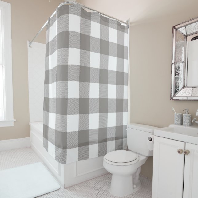 Rideaux De Douche Ferme Rustic Grey & White Buffalo Plaid Carré (En situation)