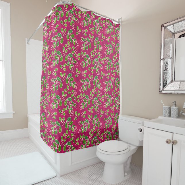 Rideaux De Douche Festif Motif de feuillage de canneberge, Fuchsia (En situation)