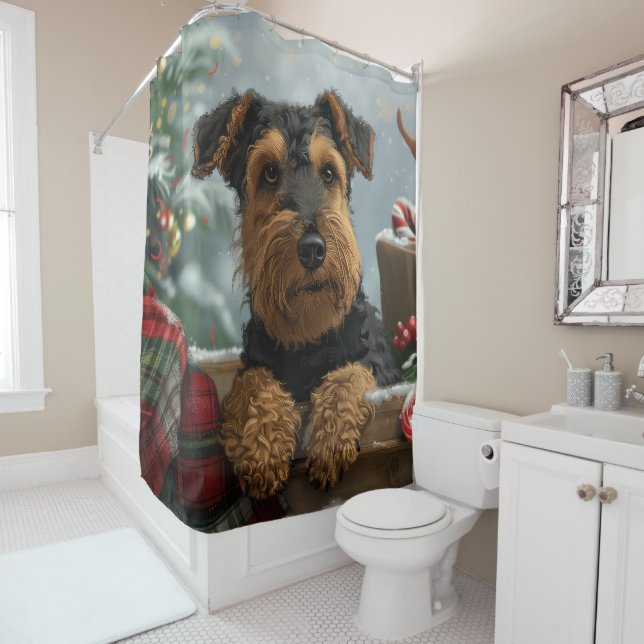Rideaux De Douche Festive de Noël de Chien Airedale (En situation)